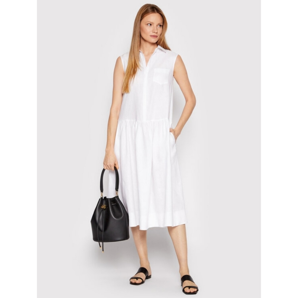 MaxMara Leisure | Drop Waist Sleeveless Linen Midi Dress in White Size 12
